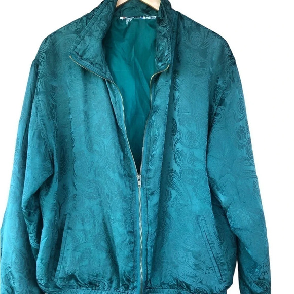 Vintage 90s 100% silk green paisley street wear bomber jacket Holiday & Winter - Picture 7 of 9